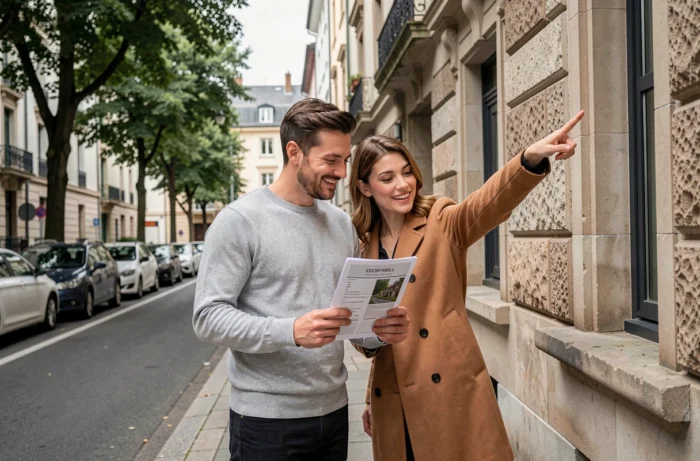 Couple en visite immobilière devant un immeuble résidentiel en milieu urbain tenant un document de présentation de bien