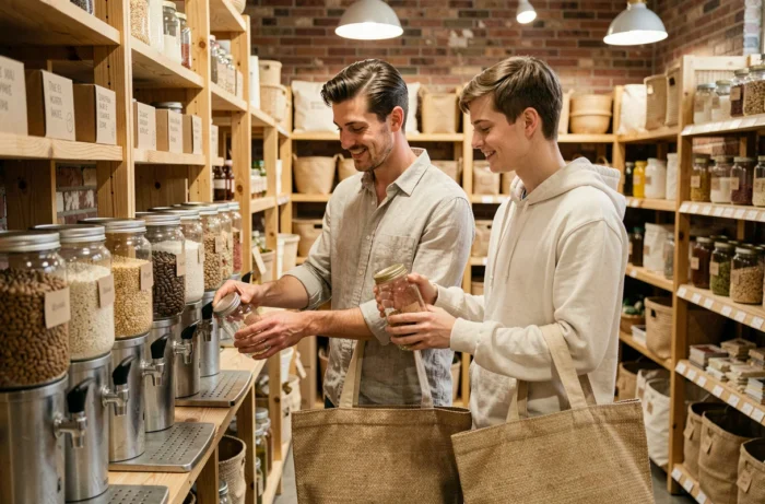 Couple faisant leurs courses en vrac dans une épicerie zéro déchet avec des sacs et bocaux réutilisables