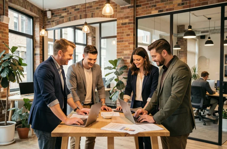 Groupe de professionnels en discussion dans un espace de coworking moderne à Rennes, autour d'un bureau en bois avec laptops et documents