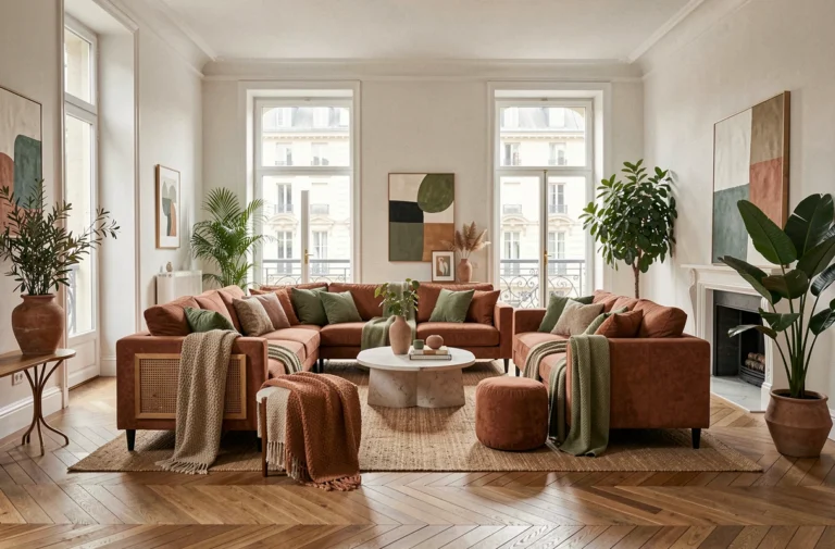 Salon moderne et accessible avec déco tendance, plantes XXL, textiles en lin, mur terracotta et mobilier en cannage dans un appartement parisien