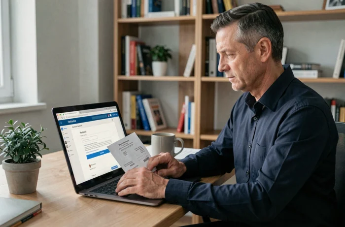 Homme effectuant une demande de remboursement en ligne sur Rakuten depuis son bureau à domicile