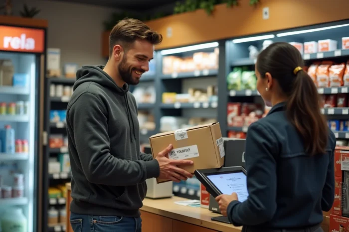 Homme déposant un colis emballé dans un point relais Mondial Relay en boutique pour un envoi Vinted ou Leboncoin