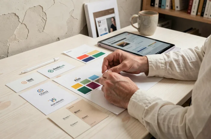 Mains d'un designer arrangeant des cartes d'identité visuelle et des échantillons de couleurs pour illustrer un changement de nom de marque
