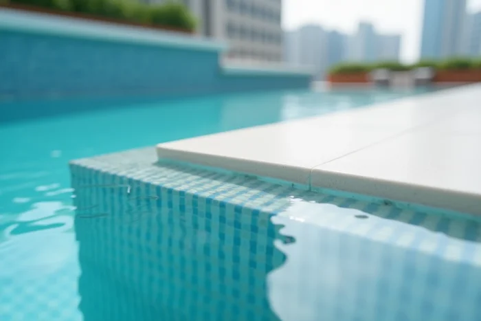 Détail architectural d'une banquette de piscine en composite blanc avec carrelage mosaïque bleu cobalt, vue rapprochée des dimensions et finitions