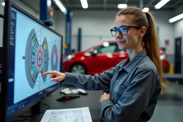 Technicienne consultant les données de géométrie sur écran de diagnostic pour le réglage du parallélisme Peugeot 208