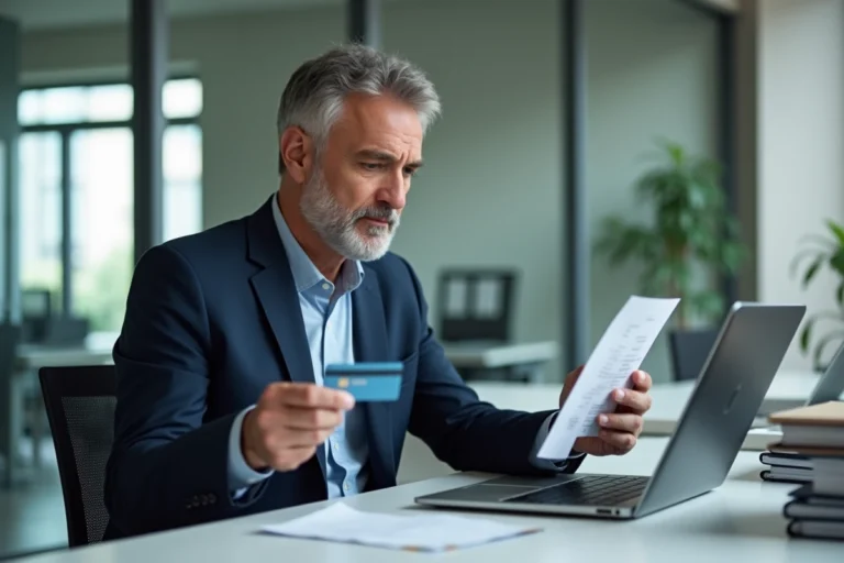 Dirigeant d'entreprise tenant une carte de crédit professionnelle et vérifiant un reçu dans un bureau moderne