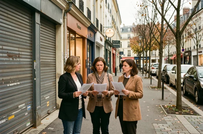 Employées de magasin réunies devant une boutique fermée en France, tenant des documents après annonce de licenciement collectif