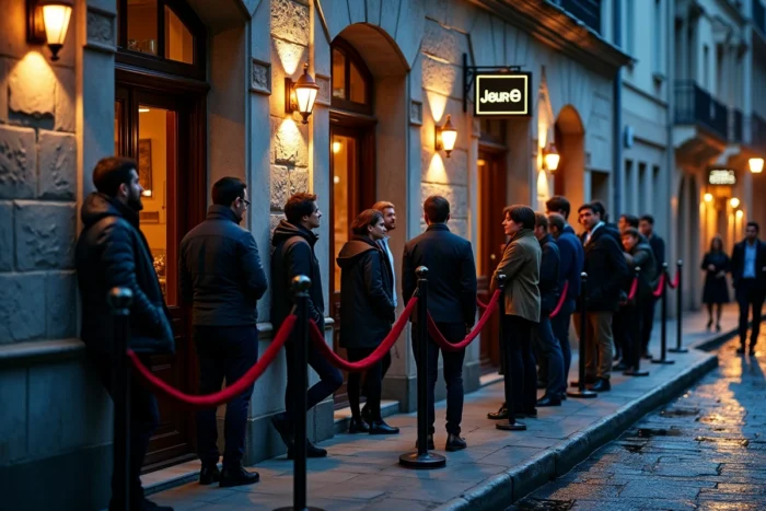 File d'attente devant l'entrée d'une boîte de nuit populaire à Rennes la nuit avec façade en granit breton