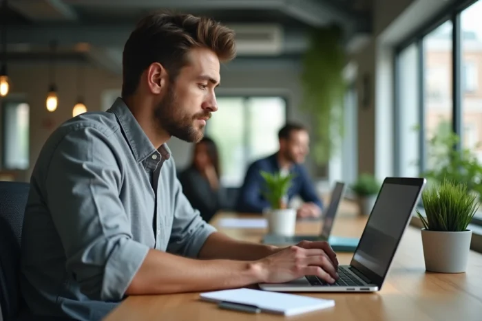 Entrepreneur masculin créant un devis professionnel en ligne dans un espace de coworking moderne