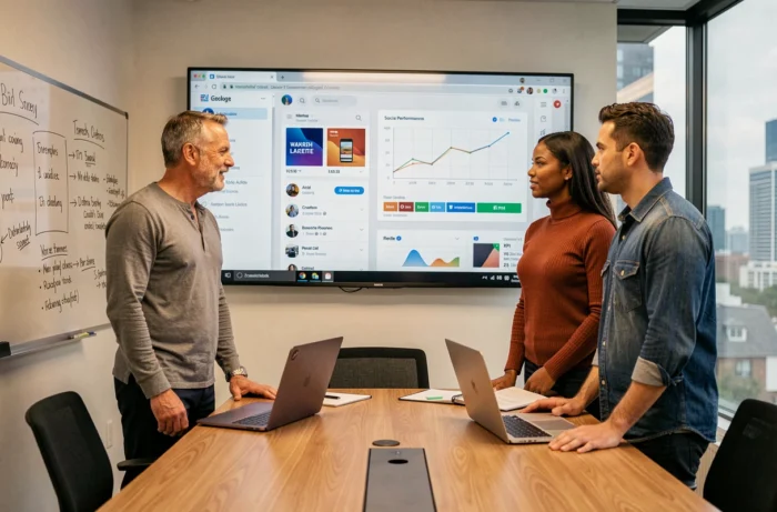Équipe pluridisciplinaire d'une agence digitale en réunion stratégique autour d'un écran affichant des métriques de campagnes publicitaires