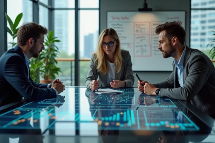 Équipe de professionnels analysant les tendances des cryptomonnaies sur une table interactive dans une salle de réunion startup