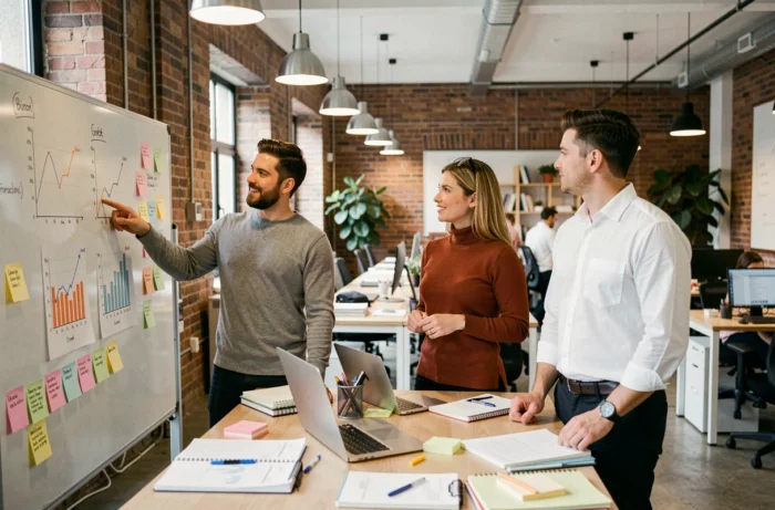 Équipe de professionnels collaborant autour d'un bureau debout dans un espace de travail startup moderne avec tableau blanc