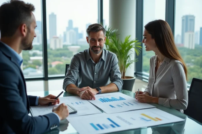Équipe de professionnels discutant d'un business plan autour d'une table de réunion en entreprise