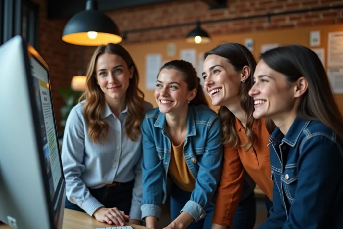 Équipe de jeunes professionnels discutant des nouveautés et tendances sur un écran de site d'actualités