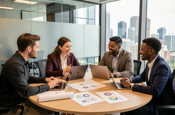Équipe professionnelle réunie autour d'une table pour discuter d'une stratégie de rebranding et de changement d'identité d'entreprise