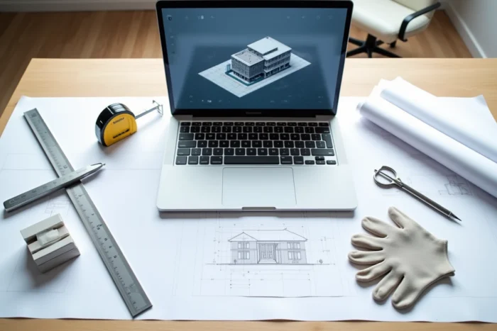 Vue de dessus des équipements essentiels pour projets d'architecture disposés sur une table de travail minimaliste