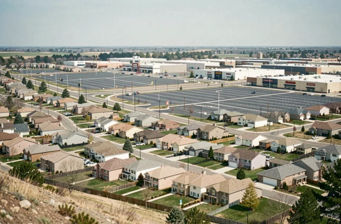 Étalement urbain pavillonnaire en périphérie de ville montrant l'impact de l'urbanisation diffuse sur le territoire