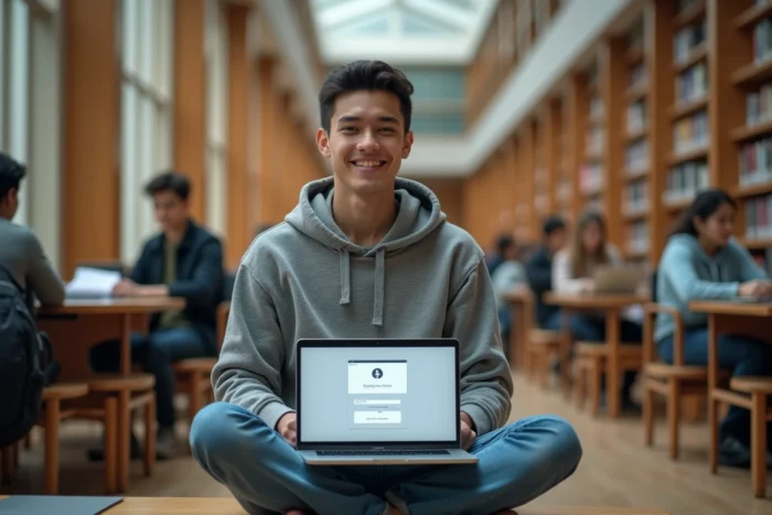 Étudiant se connectant au portail Arena id.ac-versailles.fr avec une authentification renforcée depuis la bibliothèque universitaire