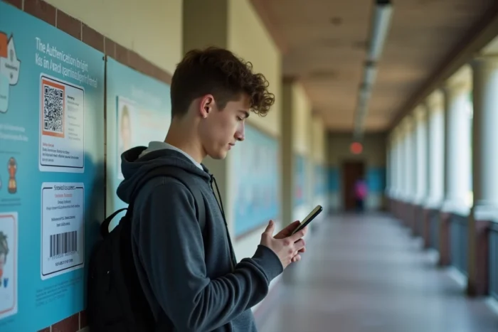 Étudiant scannant un QR code pour accéder à son compte académique Arena Versailles dans un couloir d'établissement scolaire