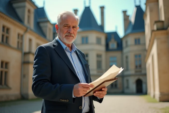 Expert en estimation patrimoniale analysant des documents devant le château de Chambord