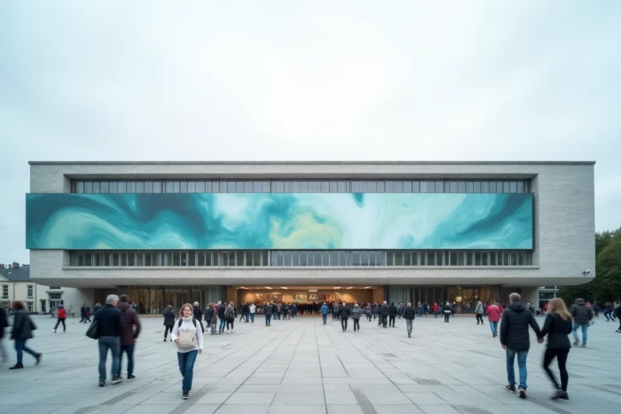 Façade extérieure du parc des expositions de Quimper avec des visiteurs arrivant pour un événement culturel