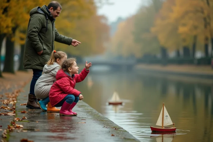 Père et ses filles jouant avec des voiliers miniatures au bord d'un canal à Nantes en automne