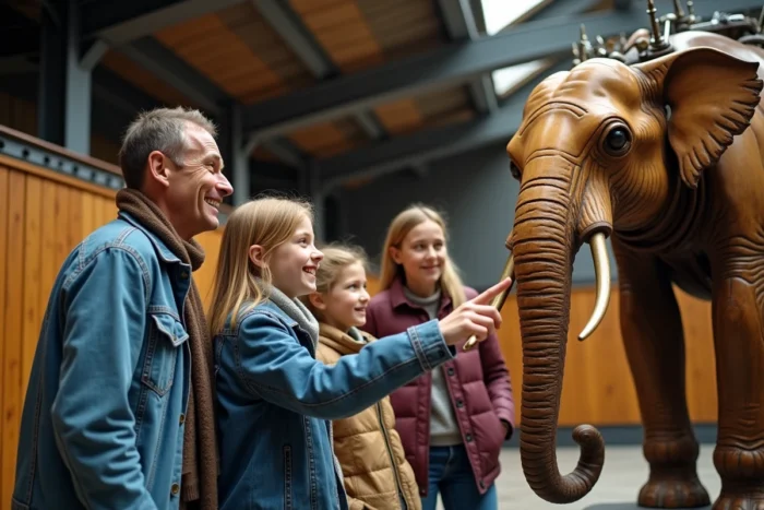 Famille en visite aux Machines de l'Île de Nantes devant l'éléphant mécanique géant