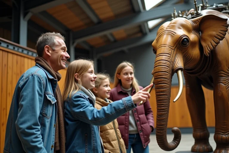 Famille en visite aux Machines de l'Île de Nantes devant l'éléphant mécanique géant