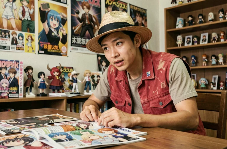 Fan de manga découvrant les révélations du chapitre One Piece 1141 entouré de figurines et d'affiches anime
