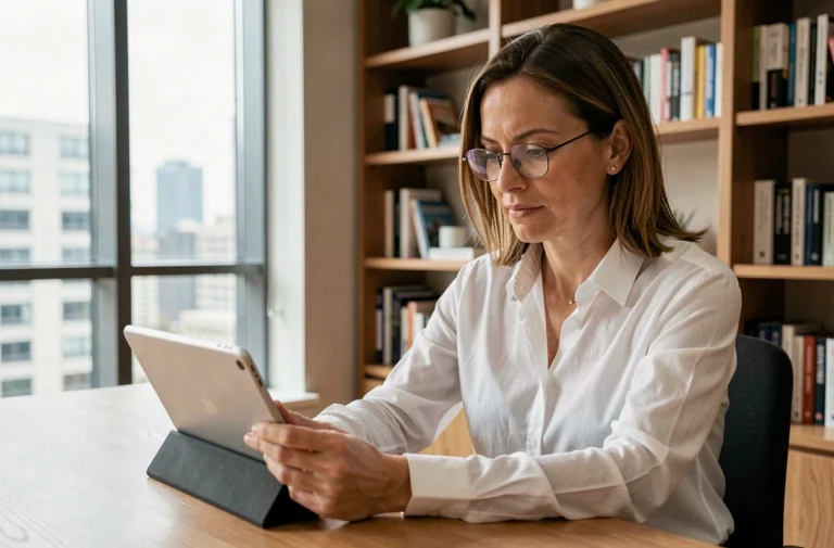 Femme concentrée lisant les actualités du jour sur une tablette dans un bureau moderne