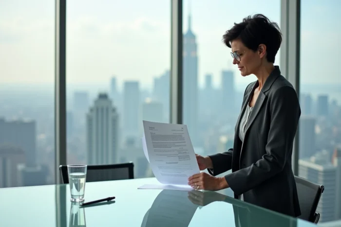 Femme d'affaires comparant des templates de devis avec signature professionnelle en salle de réunion