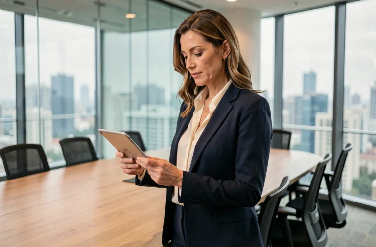 Femme d'affaires en blazer marine consultant une tablette dans une salle de réunion moderne avec vue sur la ville