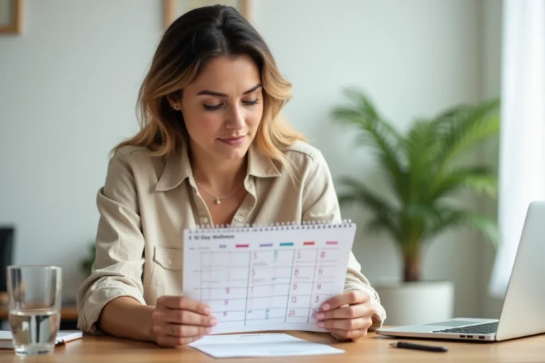 Femme consultant un calendrier de 10 jours pour réduire ses CDT, assise à un bureau en bois dans un bureau à domicile organisé