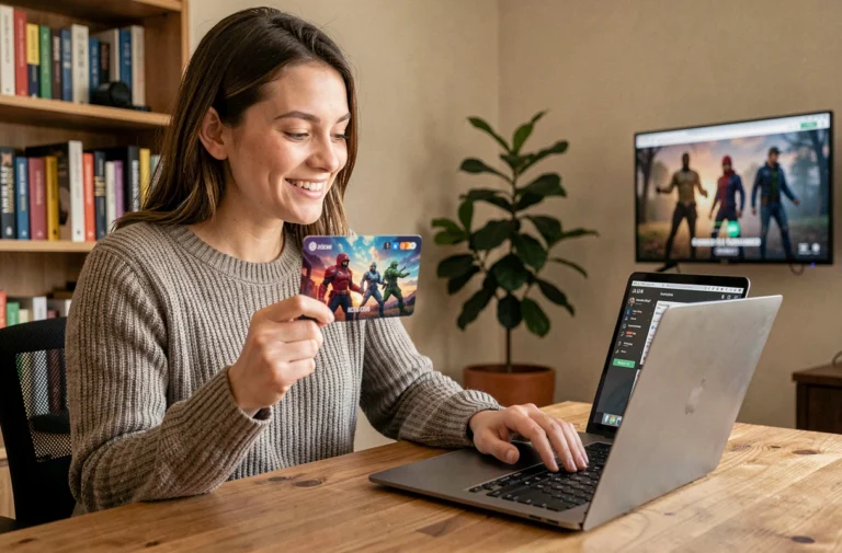 Jeune femme tenant une carte cadeau devant un ordinateur portable affichant des jeux en ligne dans un bureau cosy