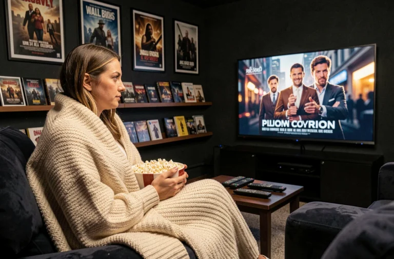Femme regardant un film dans une salle de cinéma maison avec popcorn et écran télévision allumé
