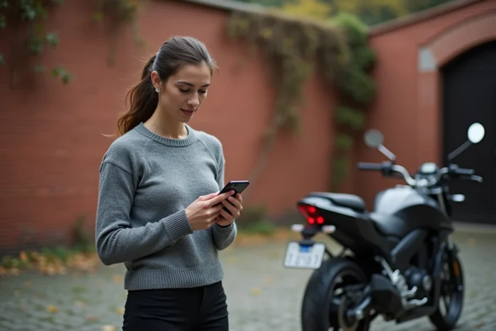 Femme debout près d'une moto garée en cour urbaine, consultant une application de comparaison d'assurance sur smartphone