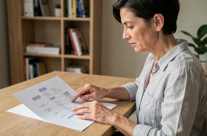 Femme consultant un plan de site web imprimé dans un bureau moderne pour naviguer facilement sur Clarivox