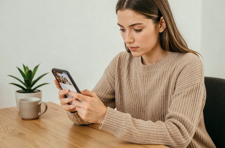 Jeune femme consultant ses demandes de suivi Instagram sur son smartphone depuis un bureau minimaliste à domicile