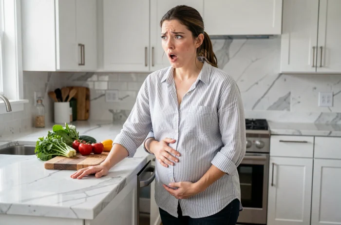 Femme enceinte qui sursaute en cuisinant dans une cuisine moderne, main posée sur le ventre en signe de protection