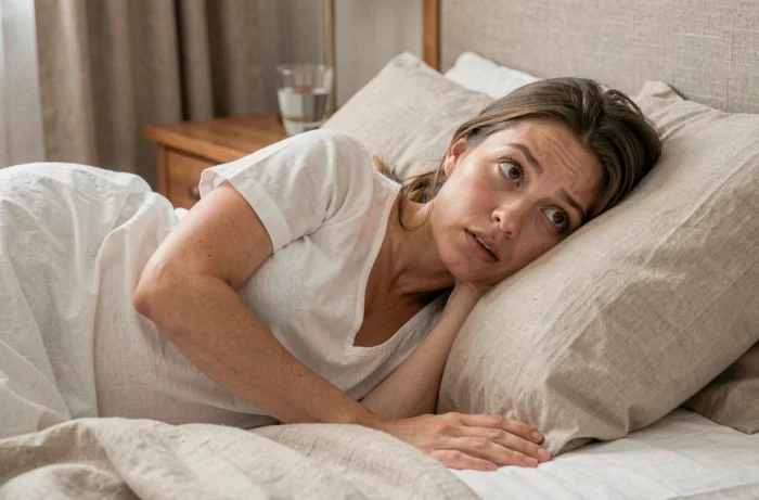 Femme enceinte allongée dans son lit qui sursaute pendant son sommeil, tenant un oreiller de grossesse dans une chambre apaisante