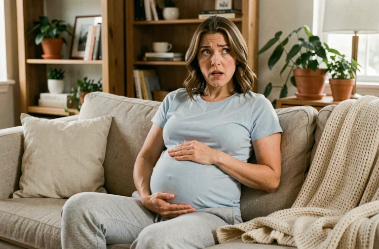 Femme enceinte surprise qui sursaute en posant la main sur son ventre, assise sur un canapé beige dans un salon chaleureux