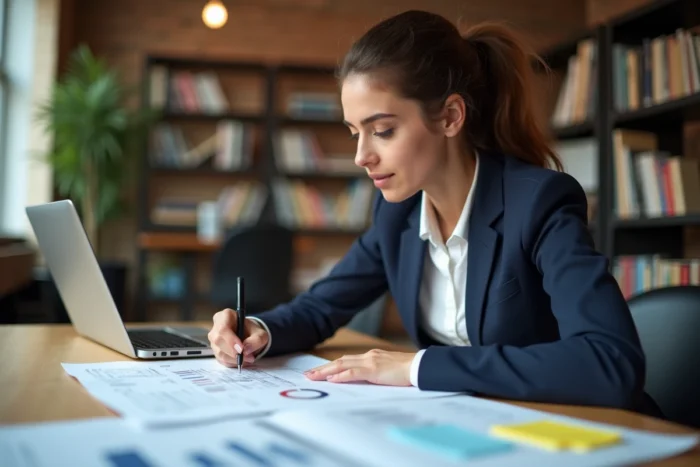 Femme entrepreneur analysant un business plan sur un bureau en bois dans un espace de coworking moderne