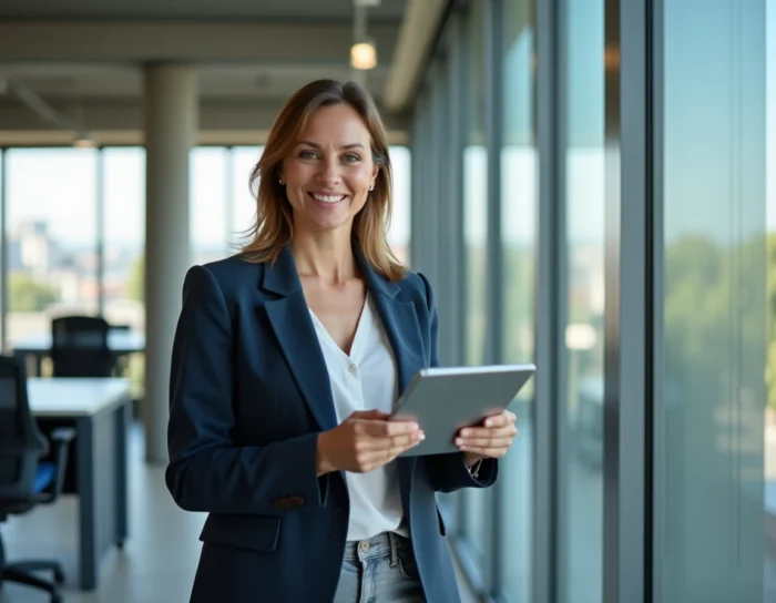 Femme entrepreneur souriante dans un incubateur d'entreprises à Rennes, tenant une tablette près d'une baie vitrée avec vue sur la ville