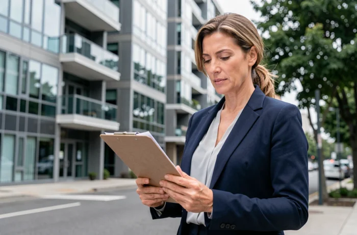 Femme investisseur immobilier devant un immeuble résidentiel moderne, tenant des documents, stratégie d'investissement immobilier 2024