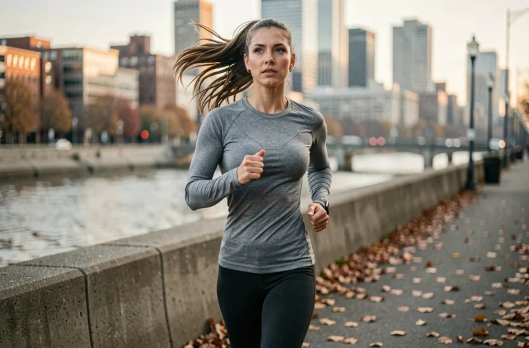 Femme en tenue de sport faisant du jogging le long d'un chemin urbain au bord de la rivière à l'aube