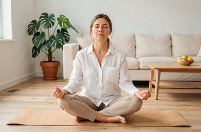 Femme en méditation sur un tapis de yoga dans un salon minimaliste pour adopter une routine bien-être et retrouver la ligne