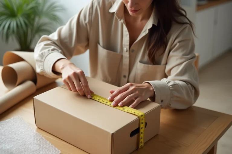 Femme mesurant les dimensions d'un colis carton avec un mètre ruban sur une table en bois pour un envoi Mondial Relay