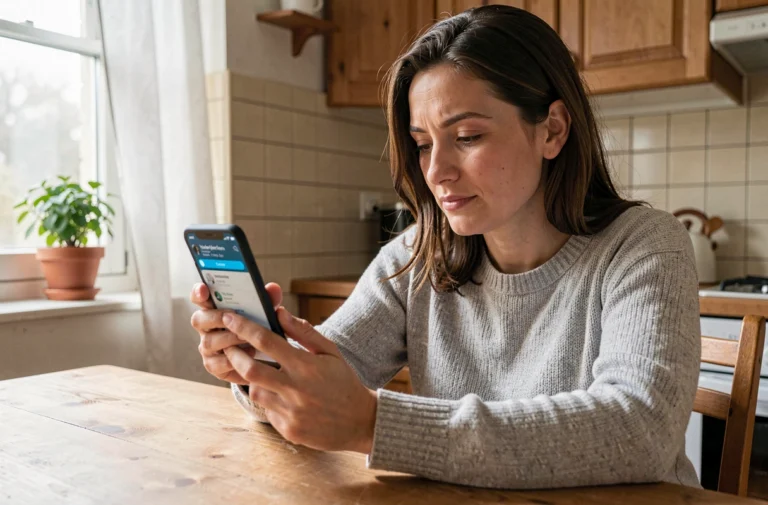 Femme consultant une notification de virement CAF sur son application bancaire Banque Postale depuis son domicile