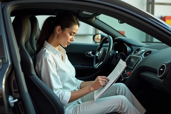 Femme passionnée d'automobile lisant un essai auto dans l'habitacle d'une voiture de sport dans un garage professionnel