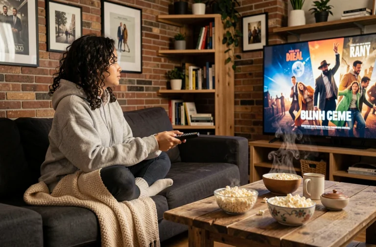 Femme passionnée de séries TV installée confortablement dans son salon regardant une série sur grand écran